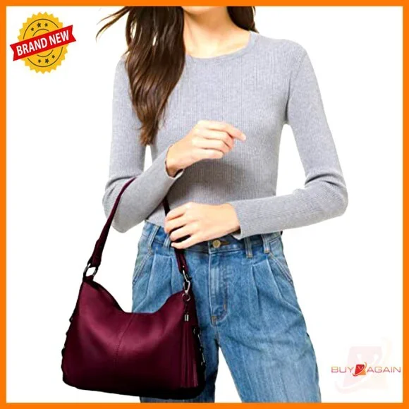 Genuine Leather Hobo Shoulder Bag with Crossbody Strap, Travel Purse